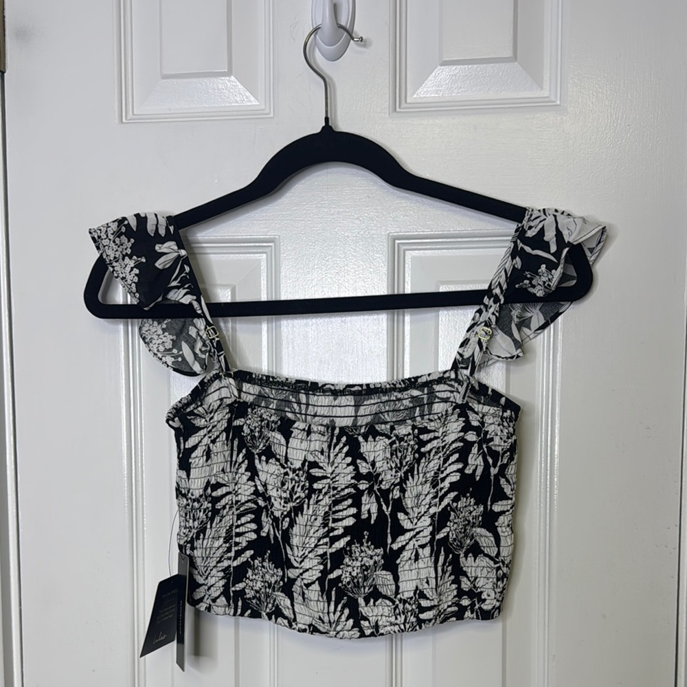 Lulu's Black and White Ruffled Sleeveless Crop Top - Picture 6 of 8